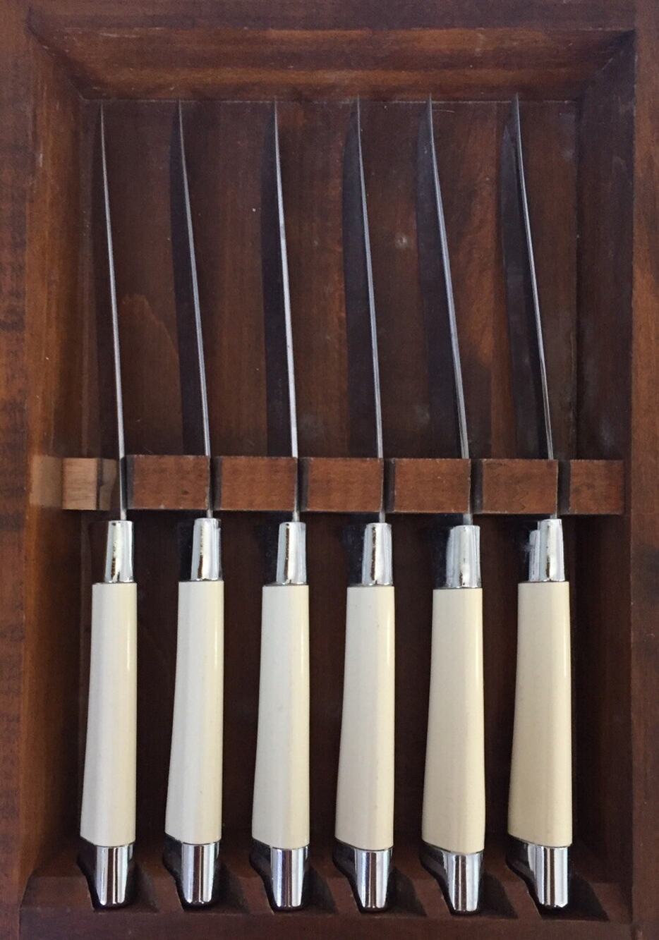 Vtg Carvel Hall Mid Century Stainless Cream Handle 6 Steak Knife Set Wood Case